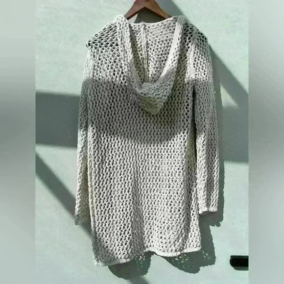 Greige Womens Beige Knit Open Hoodie Beach Coastal Preppy Cover Up Sweater Small - Picture 4 of 8